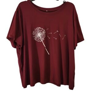 Maroon Dandelion Print T Shirt Plus Size 3XL Women's Short Sleeve Casual Top